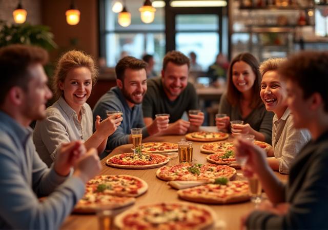Clienti sorridenti che gustano la pizza